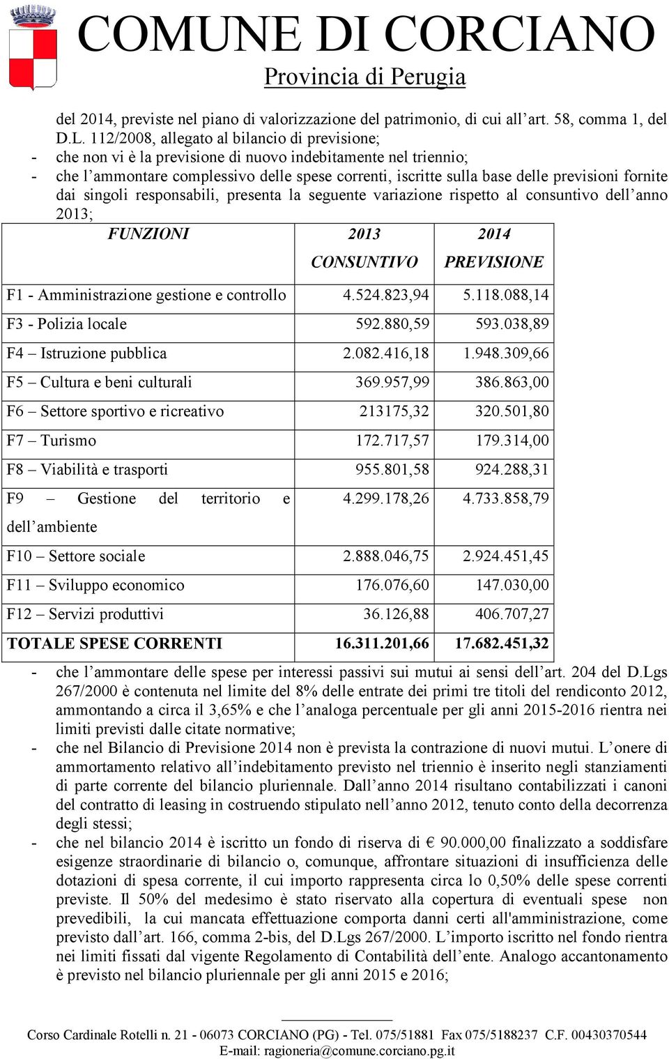 previsioni fornite dai singoli responsabili, presenta la seguente variazione rispetto al consuntivo dell anno 2013; FUNZIONI 2013 2014 CONSUNTIVO PREVISIONE F1 - Amministrazione gestione e controllo