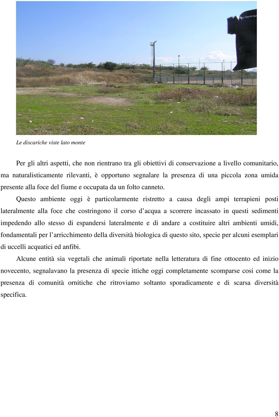 Questo ambiente oggi è particolarmente ristretto a causa degli ampi terrapieni posti lateralmente alla foce che costringono il corso d acqua a scorrere incassato in questi sedimenti impedendo allo