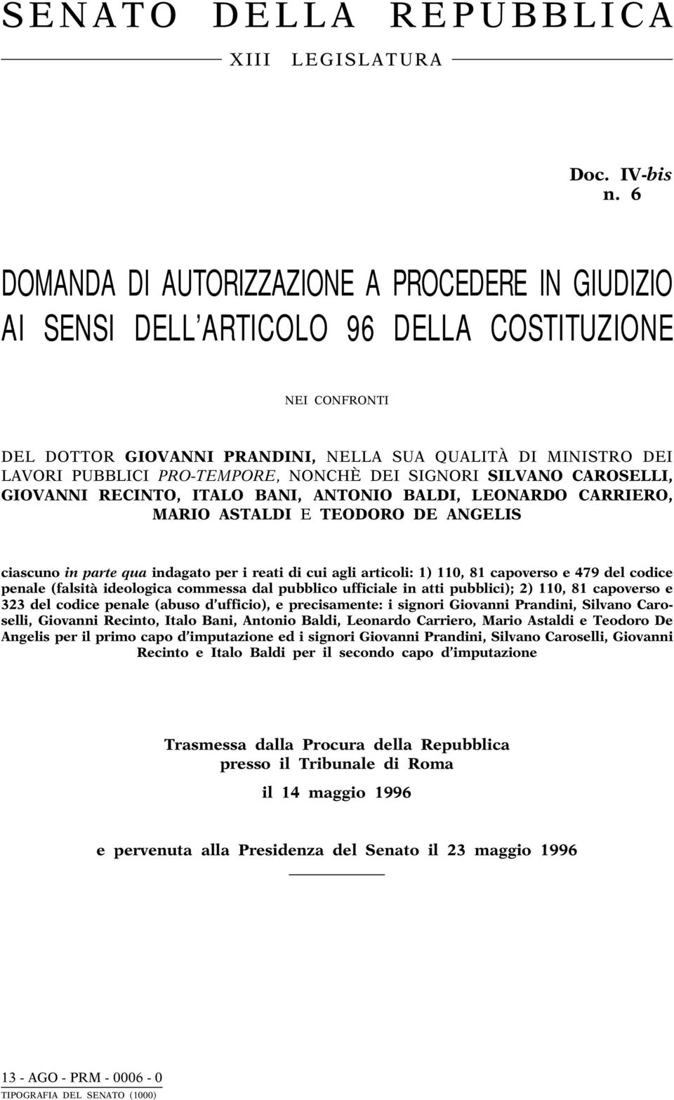 L A S U A Q U A L I T À D I M I N I S T R O D E I LAVORI PUBBLICI PRO-TEMPORE, NONCHÈ DEI SIGNORI SILVANO CAROSELLI, GIOVANNI RECINTO, ITALO BANI, ANTONIO BALDI, LEONARDO CARRIERO, MARIO ASTALDI E