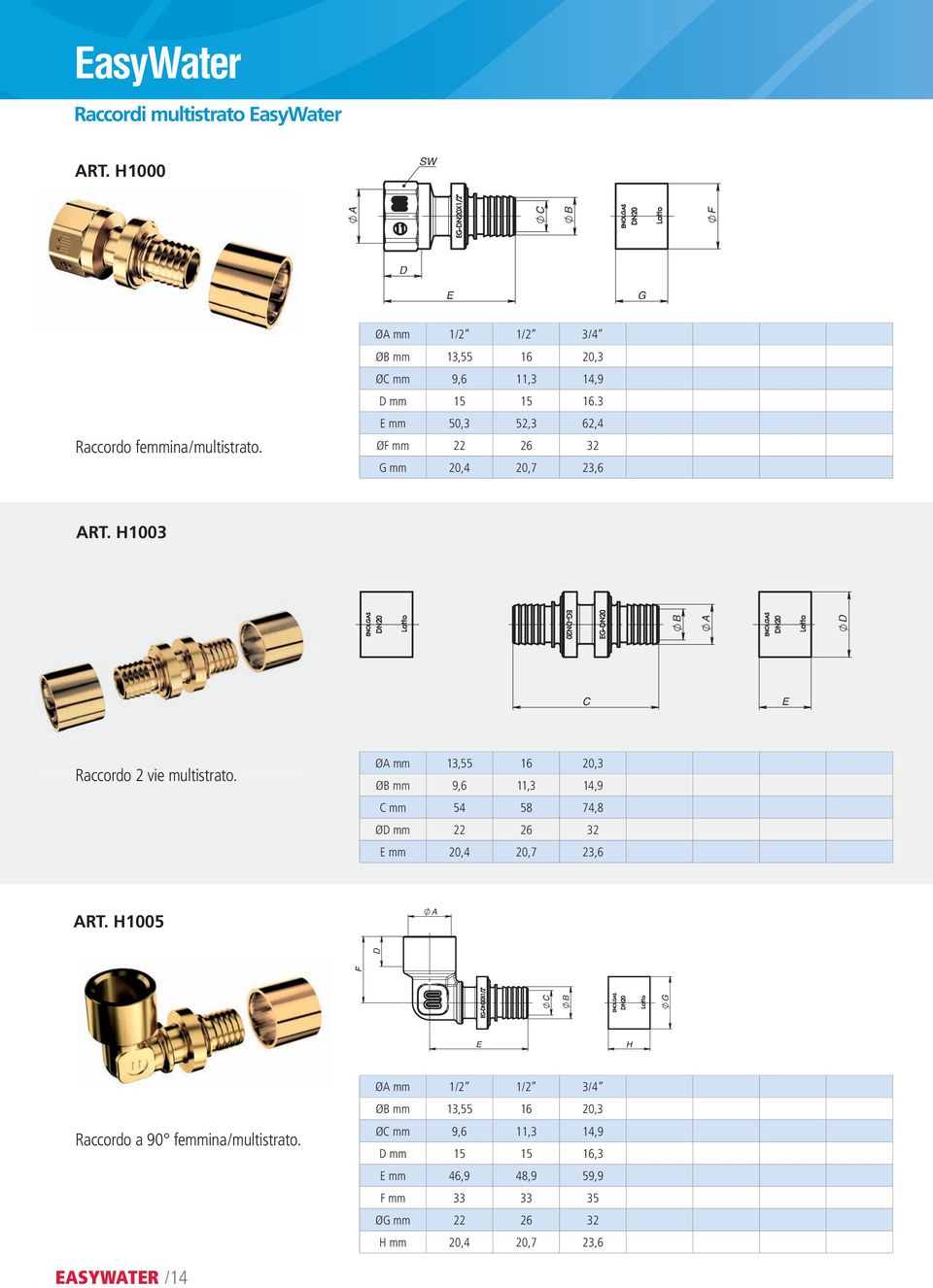 H1003 Raccordo 2 vie multistrato. Ø mm 13,55 16 20,3 Ø mm 9,6 11,3 14,9 mm 54 58 74,8 Ø mm 22 26 32 mm 20,4 20,7 23,6 RT.