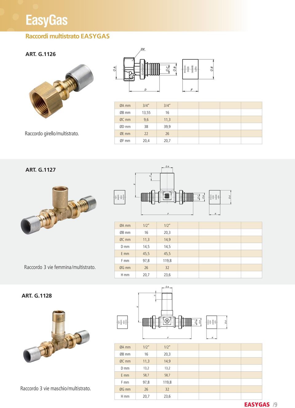 1127 G asygas Raccordi multistrato SYGS Ø mm 3/4 3/4 Ø mm 13,55 16 Ø mm 9,6 11,3 Ø mm 38 39,9 Ø mm 22 26 Ø mm 20,4 20,7