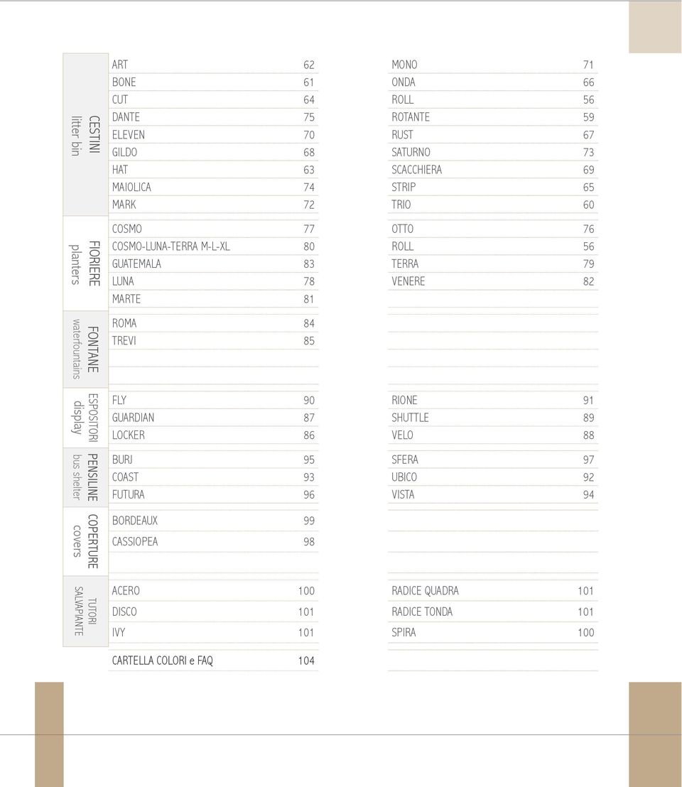 ESPOSITORI display PENSILINE bus shelter COPERTURE covers TUTORI SALVAPIANTE ROMA 84 TREVI 85 FLY 90 RIONE 91 GUARDIAN 87 SHUTTLE 89 LOCKER 86 VELO 88 BURJ 95