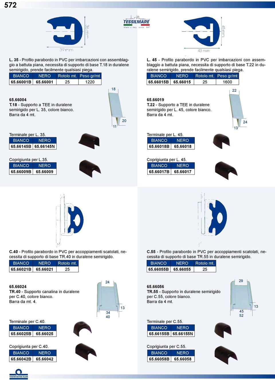 22 in duralene semirigido, prende facilmente qualsiasi piega. BIANCO NERO Rotolo mt. Peso gr/mt 65.66015B 65.66015 25 1600 22 65.66004 T.18 - Supporto a TEE in duralene semirigido per L.