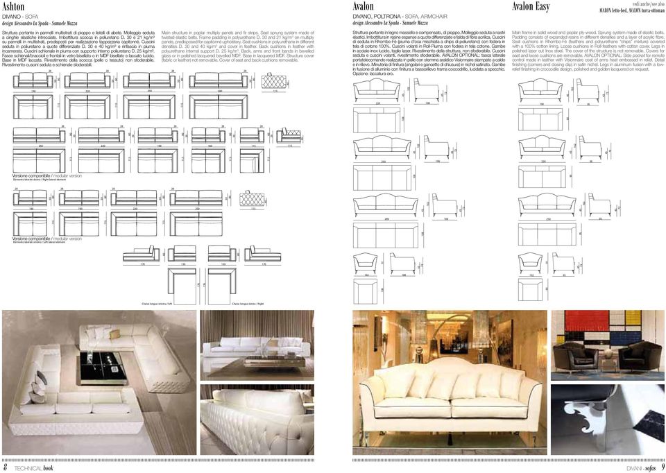 Cuscini schienale in piuma con supporto interno poliuretano D. 25 kg/m³. Fasce schienali/braccioli e frontali in vetro bisellato o in MDF bisellato e laccato lucido. Base in MDF laccata.