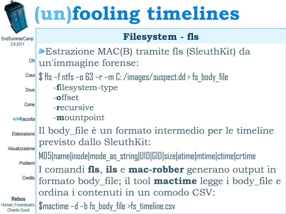 dallo SleuthKit: MD5 name inode mode_as_string UID GID size atime mtime ctime crtime I comandi fls, ils e mac-robber generano