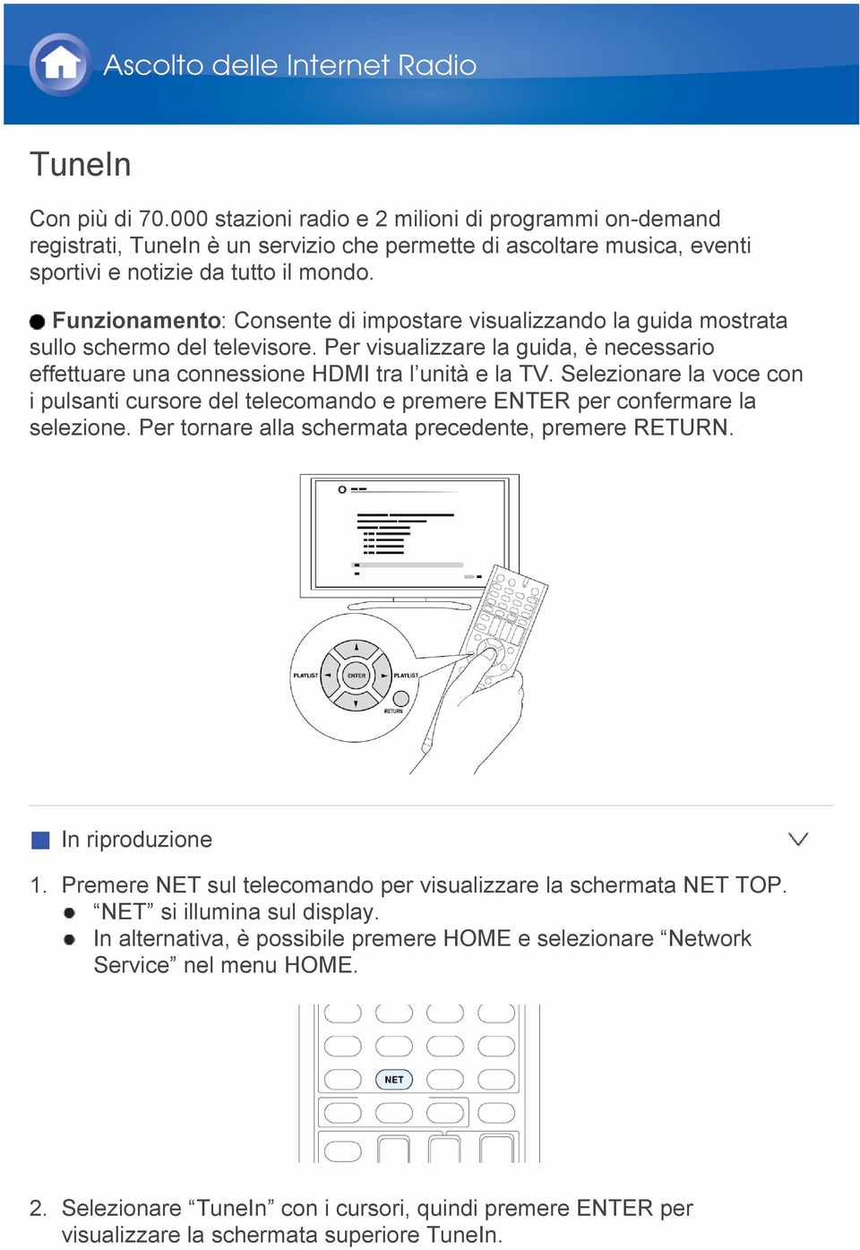 Funzionamento: Consente di impostare visualizzando la guida mostrata sullo schermo del televisore. Per visualizzare la guida, è necessario effettuare una connessione HDMI tra l unità e la TV.