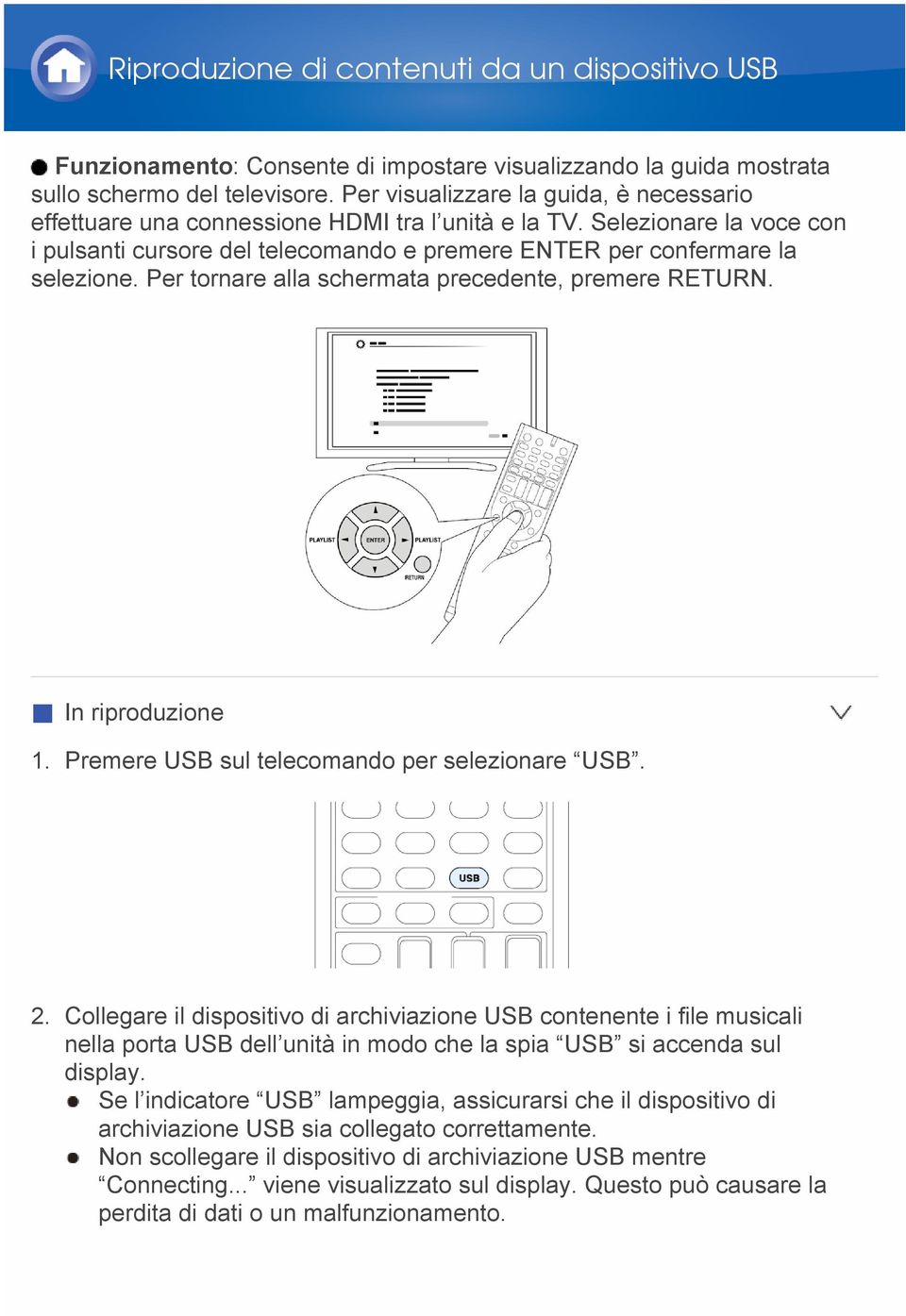 Per tornare alla schermata precedente, premere RETURN. In riproduzione 1. Premere USB sul telecomando per selezionare USB. 2.