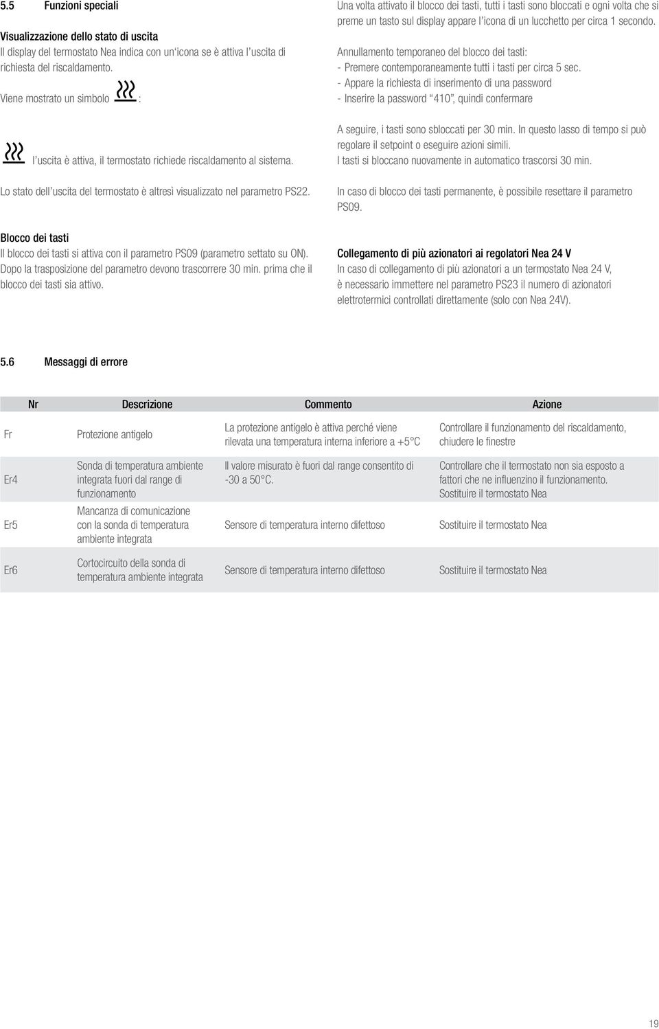 Blocco dei tasti Il blocco dei tasti si attiva con il parametro PS09 (parametro settato su ON). Dopo la trasposizione del parametro devono trascorrere 30 min. prima che il blocco dei tasti sia attivo.