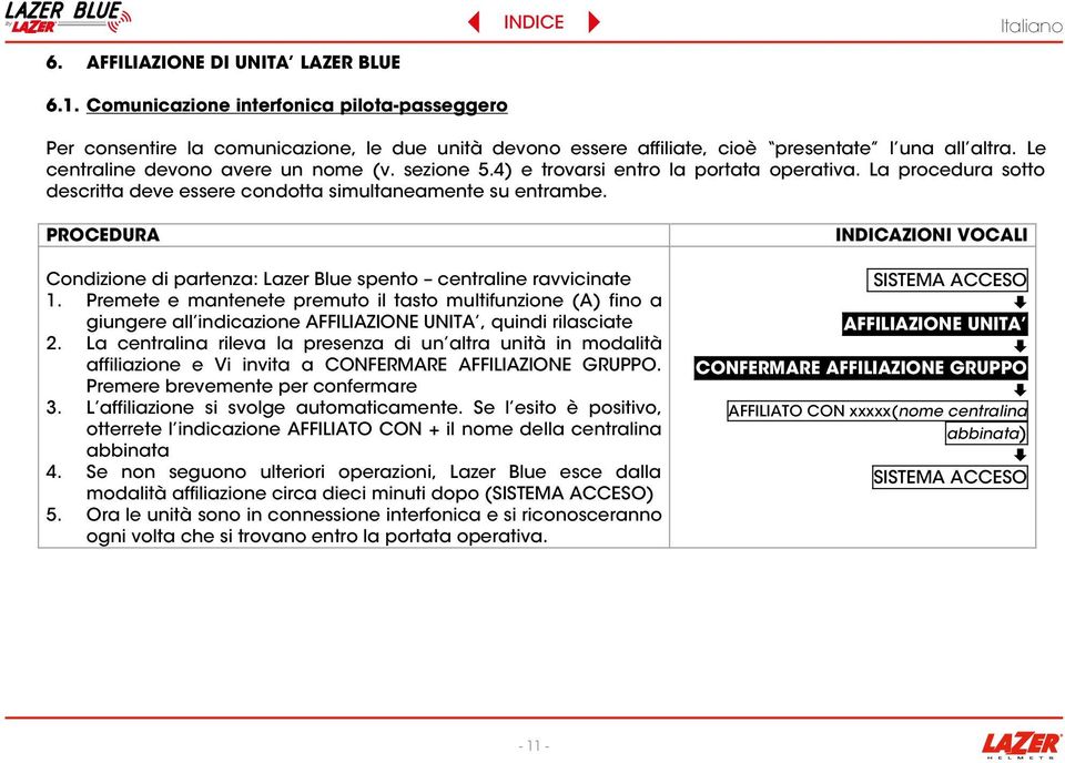 Condizione di partenza: Lazer Blue spento centraline ravvicinate 1. Premete e mantenete premuto il tasto multifunzione (A) fino a giungere all indicazione AFFILIAZIONE UNITA, quindi rilasciate 2.