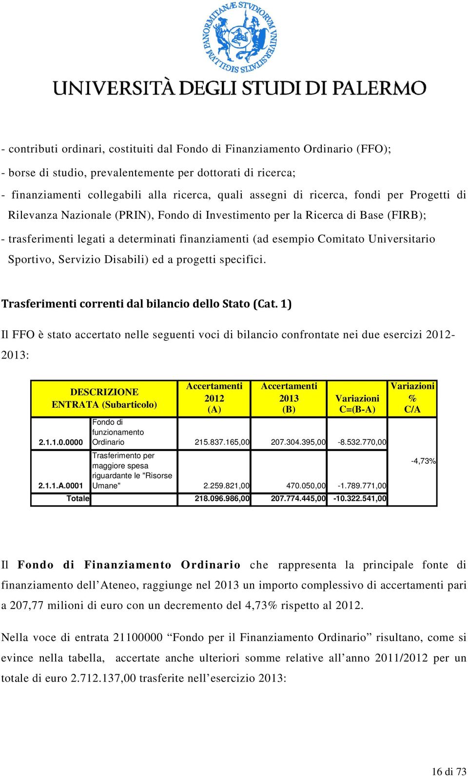 Sportivo, Servizio Disabili) ed a progetti specifici. Trasferimenti correnti dal bilancio dello Stato (Cat.