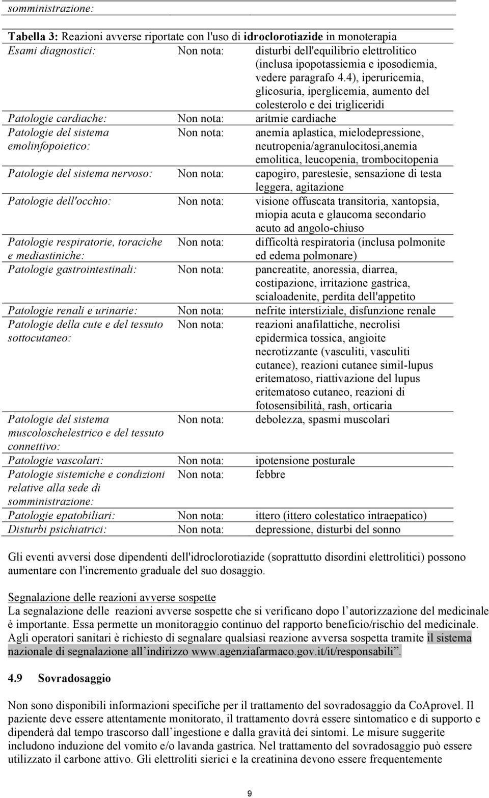 4), iperuricemia, glicosuria, iperglicemia, aumento del colesterolo e dei trigliceridi Patologie cardiache: aritmie cardiache Patologie del sistema emolinfopoietico: anemia aplastica,