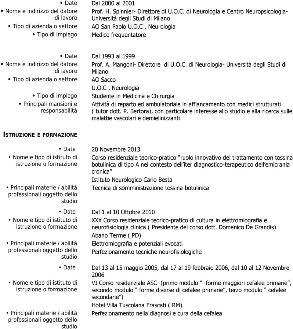 P. Bertora), con particolare interesse allo e alla ricerca sulle malattie vascolari e demielinizzanti ISTRUZIONE E FORMAZIONE Nome e tipo di istituto di Nome e tipo di istituto di Date 20 Novembre