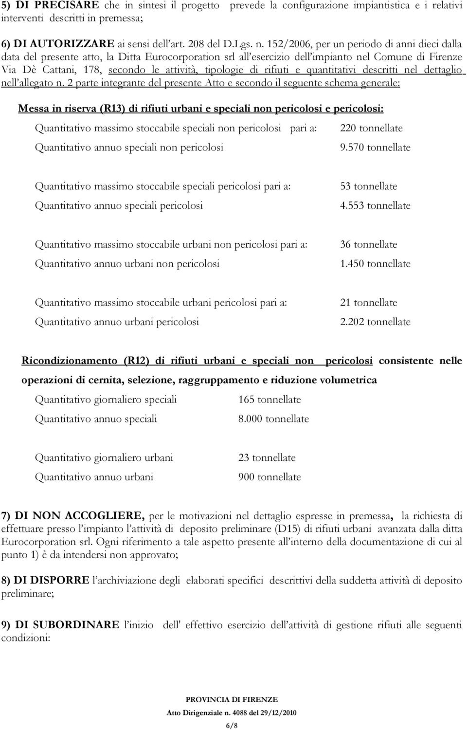 di rifiuti e quantitativi descritti nel dettaglio nell allegato n.