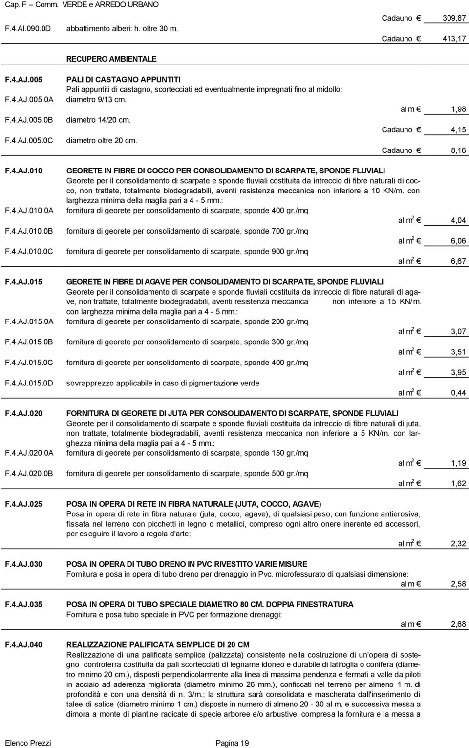 diametro 14/20 cm. diametro oltre 20 cm. al m 1,98 Cadauno 4,15 Cadauno 8,16 F.4.AJ.010 F.4.AJ.010.0A F.4.AJ.010.0B F.4.AJ.010.0C F.4.AJ.015 F.4.AJ.015.0A F.4.AJ.015.0B F.4.AJ.015.0C F.4.AJ.015.0D F.