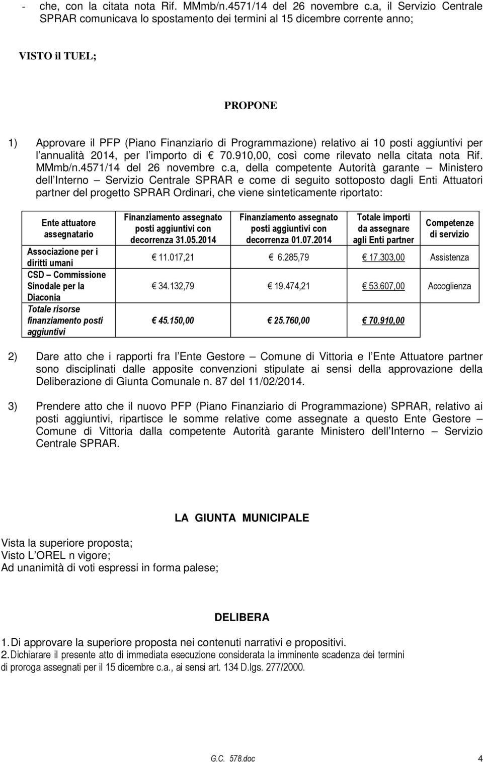 per l annualità 2014, per l importo di 70.910,00, così come rilevato nella citata nota Rif. MMmb/n.4571/14 del 26 novembre c.