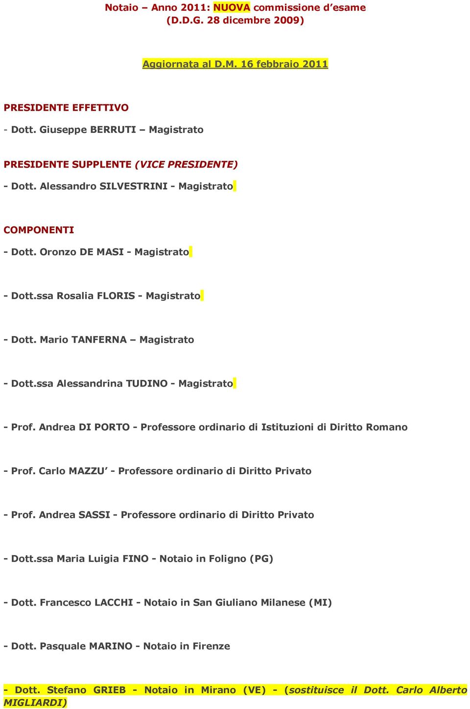 ssa Rosalia FLORIS - Magistrato - Dott. Mario TANFERNA Magistrato - Dott.ssa Alessandrina TUDINO - Magistrato - Prof. Andrea DI PORTO - Professore ordinario di Istituzioni di Diritto Romano - Prof.