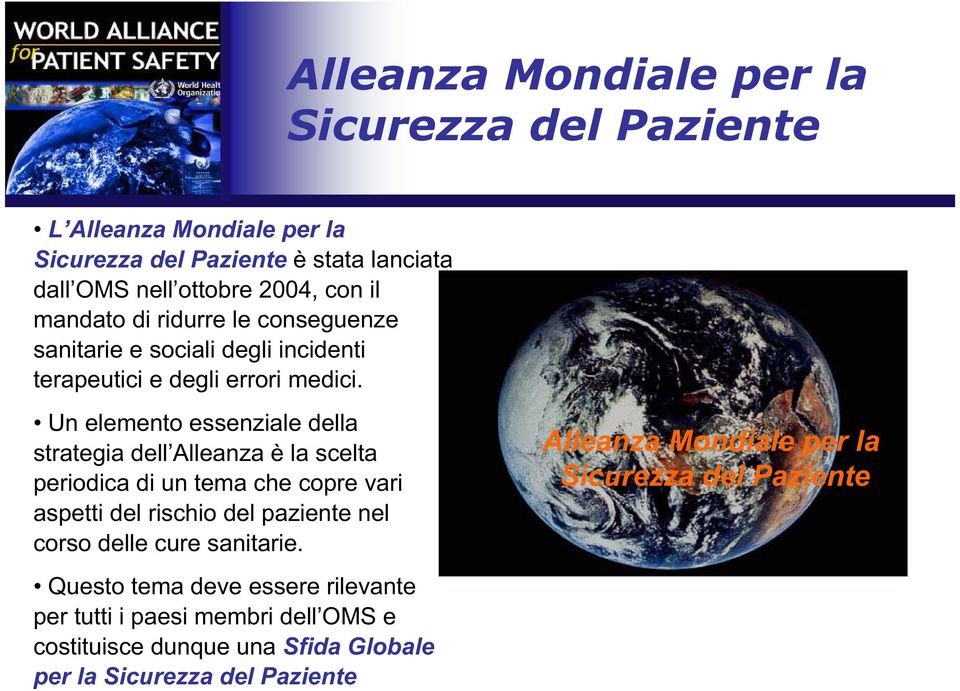 Un elemento essenziale della strategia dell Alleanza è la scelta periodica di un tema che copre vari aspetti del rischio del paziente nel corso delle