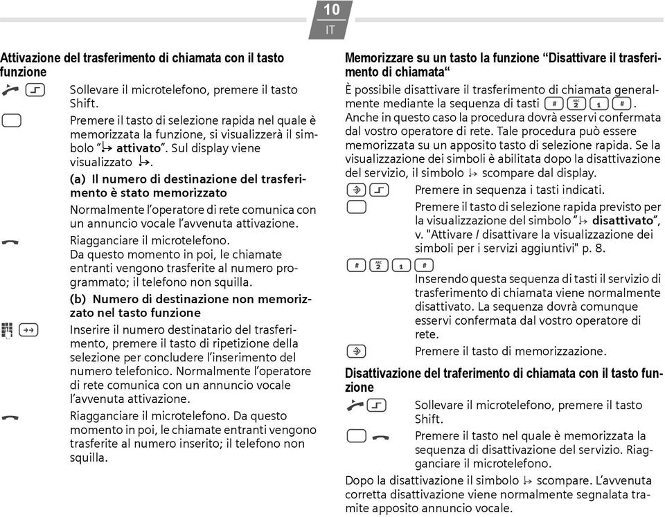 (a) Il numero di destinazione del trasferimento è stato memorizzato Normalmente l operatore di rete comunica con a o ; a un annuncio vocale l avvenuta attivazione. Riagganciare il microtelefono.