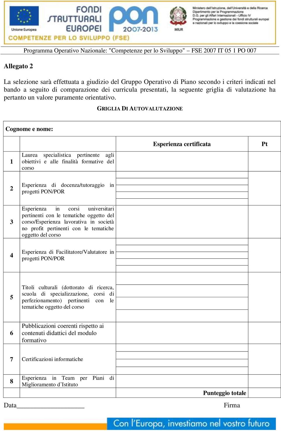 GRIGLIA DI AUTOVALUTAZIONE Cognome e nome: 1 Laurea specialistica pertinente agli obiettivi e alle finalità formative del corso Esperienza certificata Pt 2 Esperienza di docenza/tutoraggio in