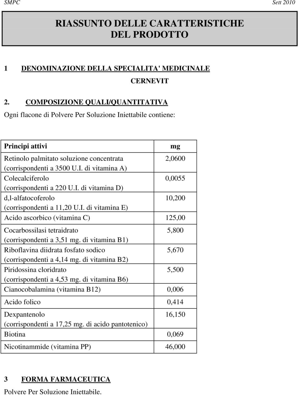 I. di vitamina D) d,l-alfatocoferolo 10,200 (corrispondenti a 11,20 U.I. di vitamina E) Acido ascorbico (vitamina C) 125,00 Cocarbossilasi tetraidrato 5,800 (corrispondenti a 3,51 mg.