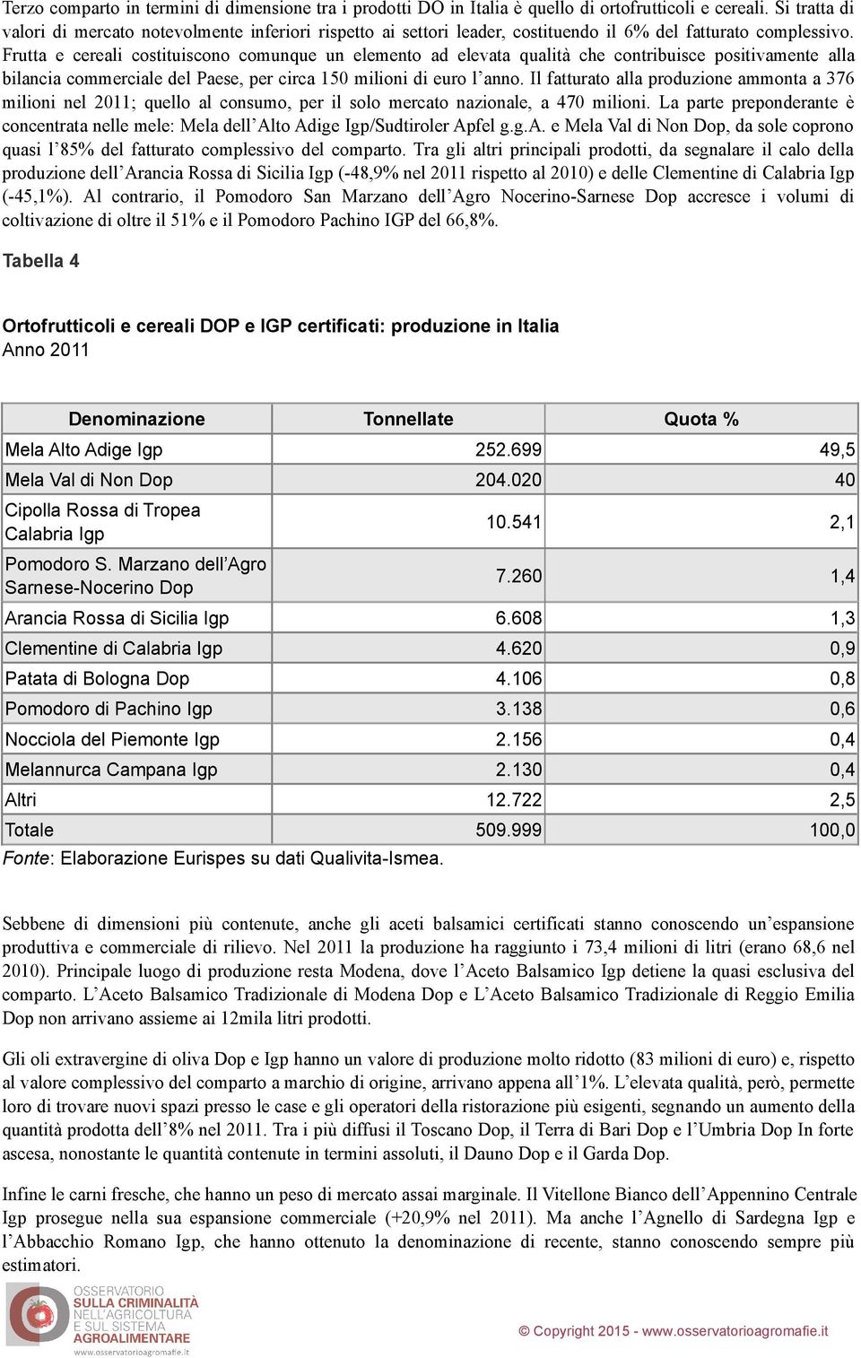 Frutta e cereali costituiscono comunque un elemento ad elevata qualità che contribuisce positivamente alla bilancia commerciale del Paese, per circa 150 milioni di euro l anno.