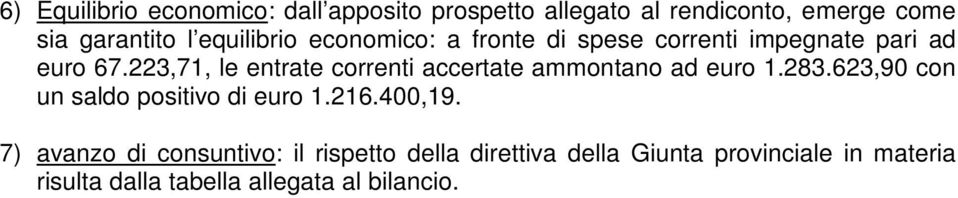 223,71, le entrate correnti accertate ammontano ad euro 1.283.623,90 con un saldo positivo di euro 1.216.