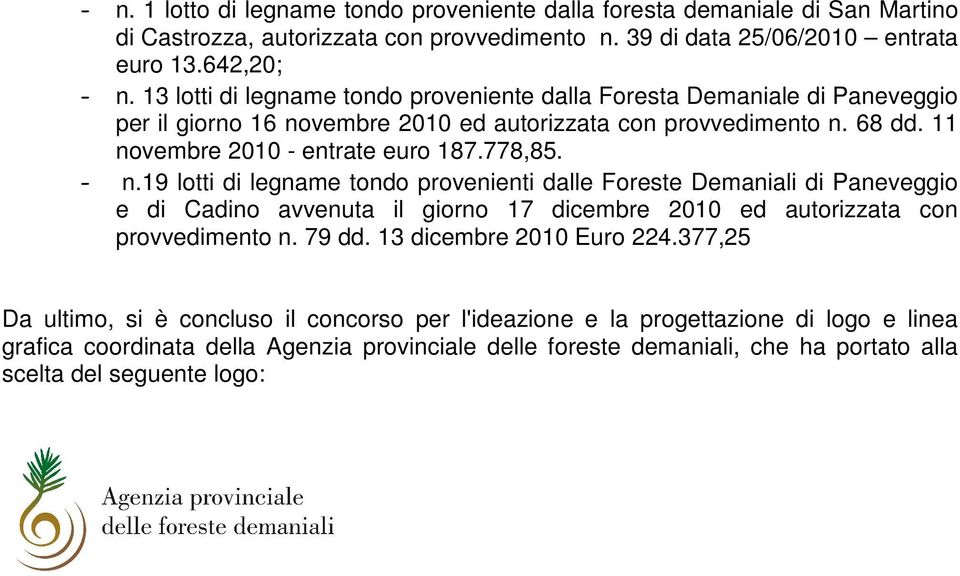 19 lotti di legname tondo provenienti dalle Foreste Demaniali di Paneveggio e di Cadino avvenuta il giorno 17 dicembre ed autorizzata con provvedimento n. 79 dd. 13 dicembre Euro 224.