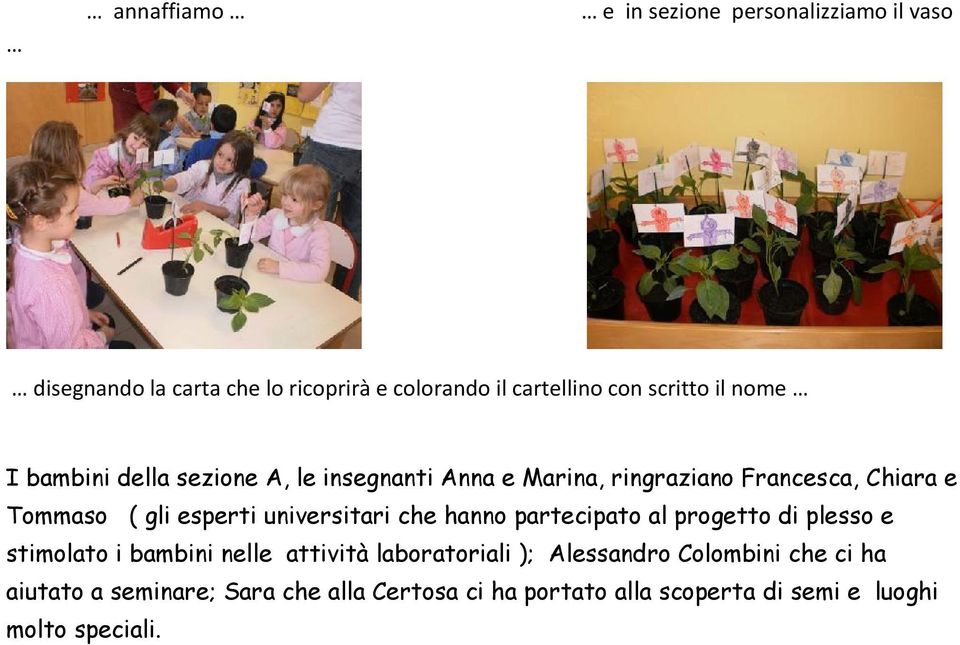 esperti universitari che hanno partecipato al progetto di plesso e stimolato i bambini nelle attività laboratoriali );