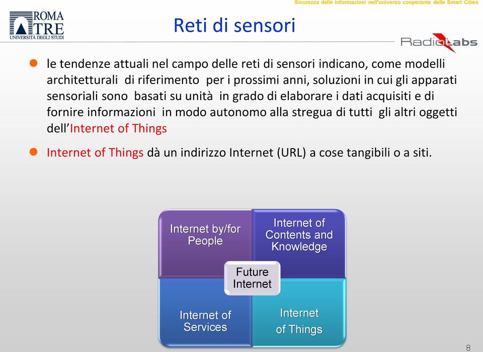 dati acquisiti e di fornire informazioni in modo autonomo alla stregua di tutti gli altri oggetti dell Internet of Things Internet of Things dà un