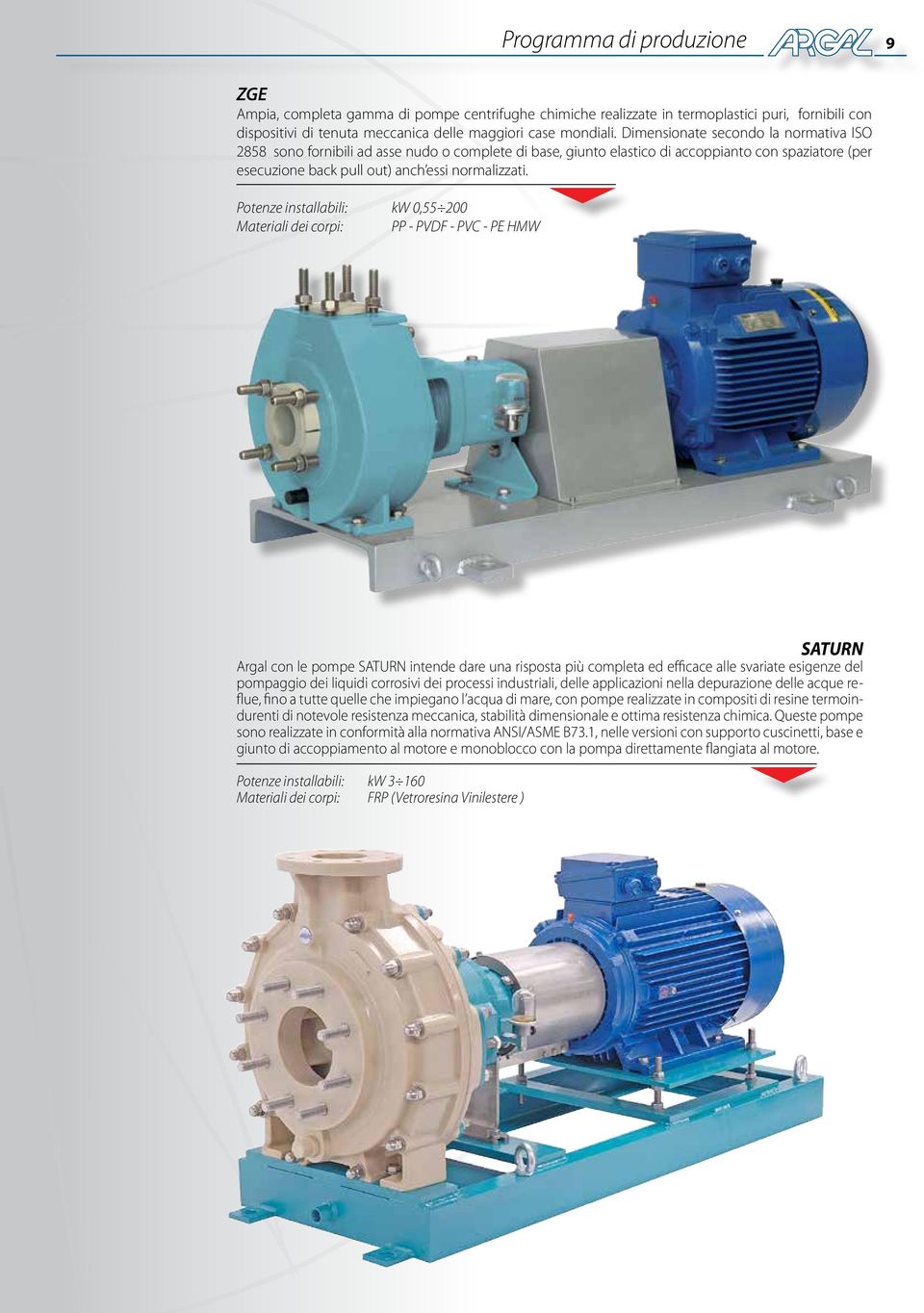 Potenze installabili: kw 0,55 0 Materiali dei corpi: PP - PVDF - PVC - PE HMW SATURN Argal con le pompe SATURN intende dare una risposta più completa ed efficace alle svariate esigenze del pompaggio