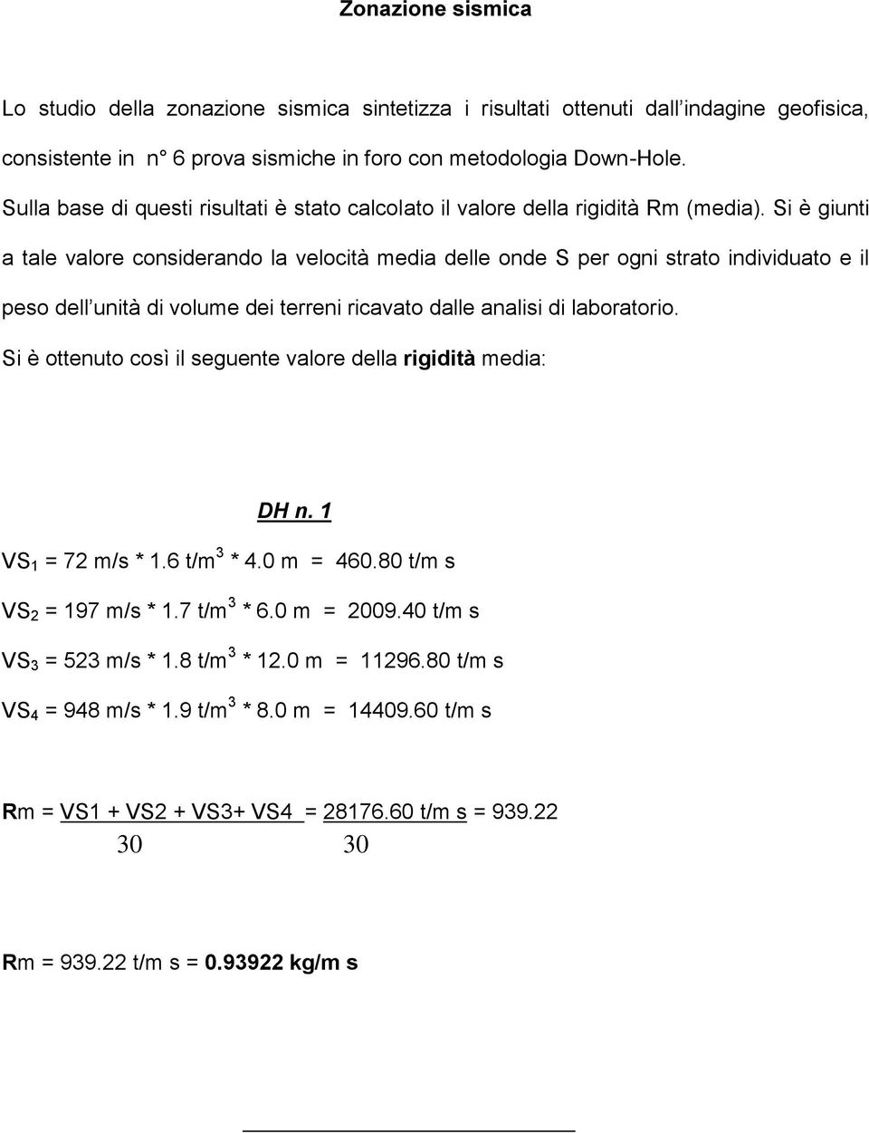 Si è giunti a tale valore considerando la velocità media delle onde S per ogni strato individuato e il peso dell unità di volume dei terreni ricavato dalle analisi di laboratorio.