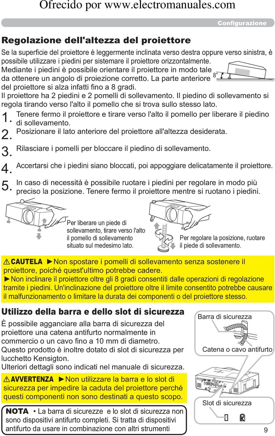 Il piedino di sollevamento si regola tirando verso l'alto il pomello che si trova sullo stesso lato. Tenere fermo il proiettore e tirare verso l'alto il pomello per liberare il piedino 1.