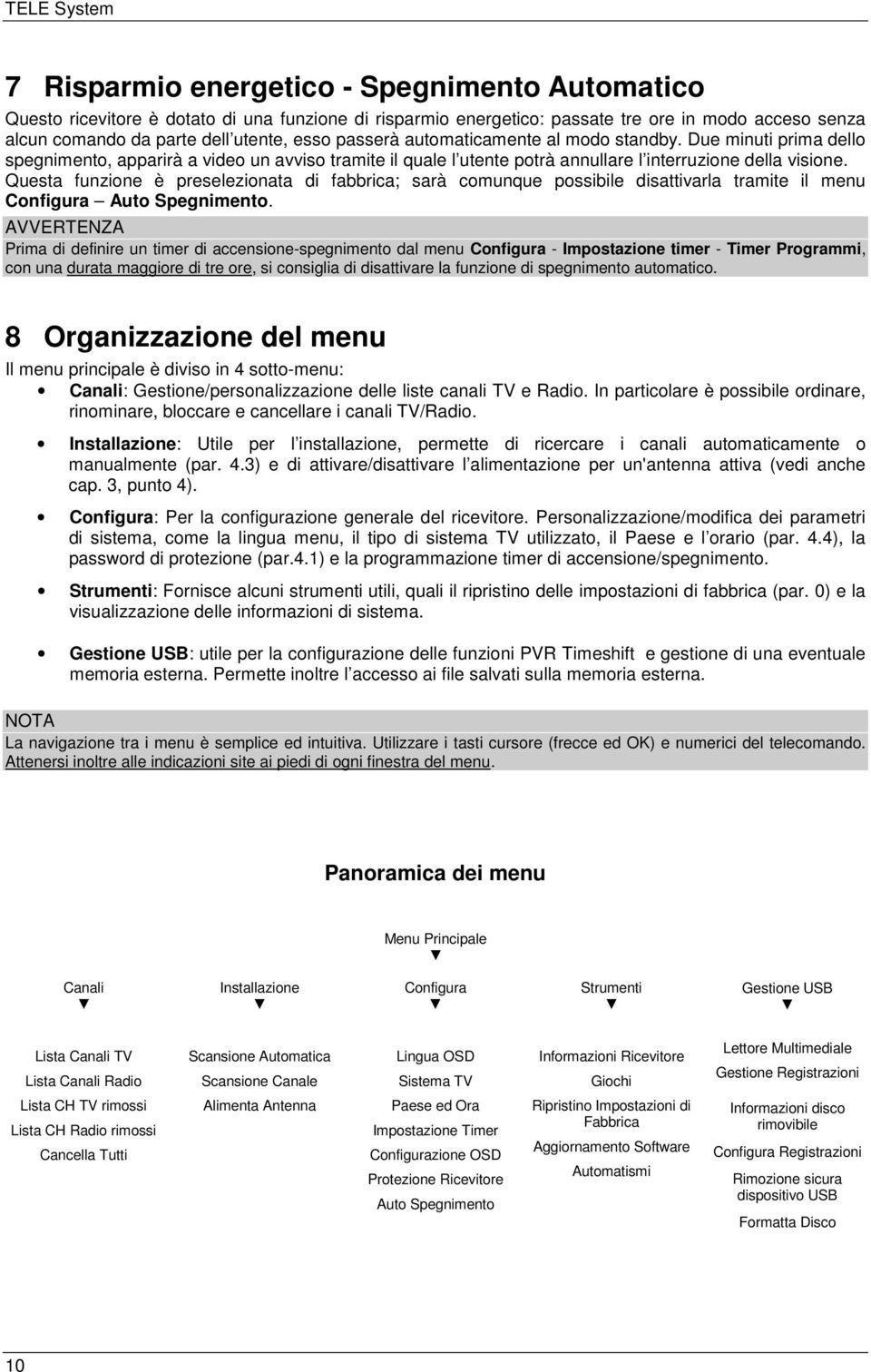 Questa funzione è preselezionata di fabbrica; sarà comunque possibile disattivarla tramite il menu Configura Auto Spegnimento.