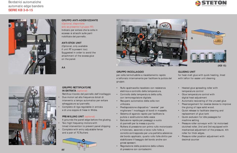 AA GRUPPO RETTIFICATORE IN ENTRATA (optional) Rettifica il bordo del pannello dell incollaggio Due motori ad alta frequenza dotati di intervento a tempo automatico per evitare scheggiature sul