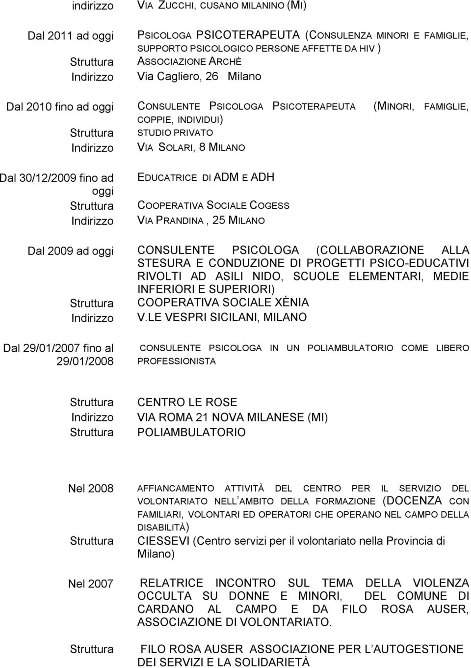 COOPERATIVA SOCIALE COGESS VIA PRANDINA, 25 MILANO Dal 2009 ad oggi CONSULENTE PSICOLOGA (COLLABORAZIONE ALLA STESURA E CONDUZIONE DI PROGETTI PSICO-EDUCATIVI RIVOLTI AD ASILI NIDO, SCUOLE