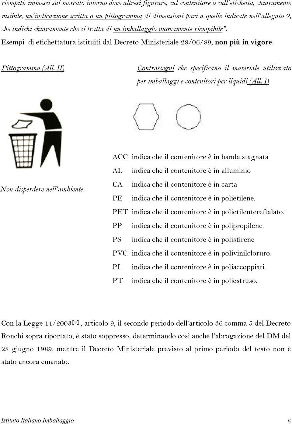 II) Contrassegni che specificano il materiale utilizzato per imballaggi e contenitori per liquidi (All.