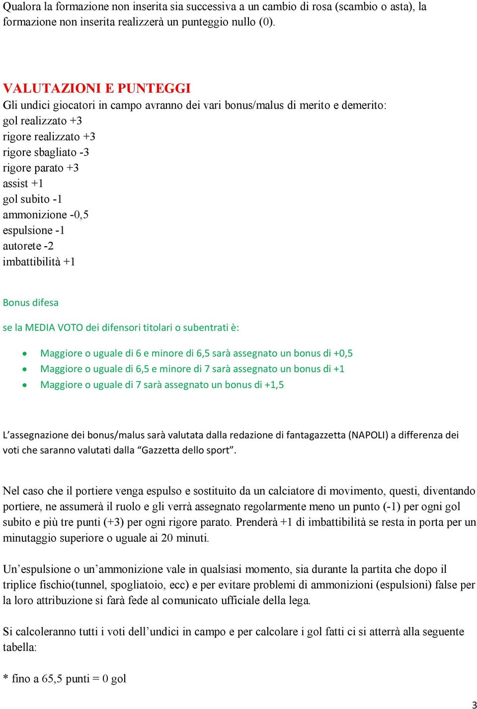 subito -1 ammonizione -0,5 espulsione -1 autorete -2 imbattibilità +1 Bonus difesa se la MEDIA VOTO dei difensori titolari o subentrati è: Maggiore o uguale di 6 e minore di 6,5 sarà assegnato un