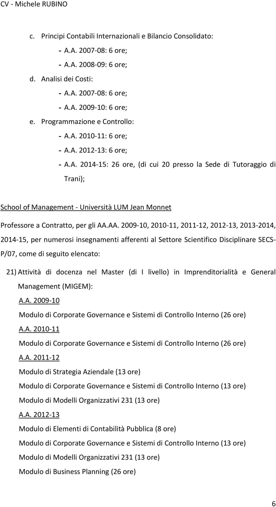 AA. 2009-10, 2010-11, 2011-12, 2012-13, 2013-2014, 2014-15, per numerosi insegnamenti afferenti al Settore Scientifico Disciplinare SECS- P/07, come di seguito elencato: 21) Attività di docenza nel