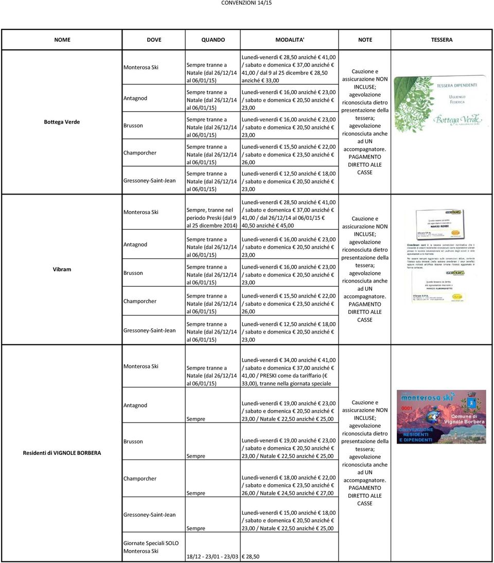 anziché 22,00 26,00 Lunedì-venerdì 12,50 anziché 18,00 Lunedì-venerdì 34,00 anziché 41,00 41,00 / PRESKI come da tariffario ( 33,00), tranne nella giornata speciale Residenti di VIGNOLE BORBERA
