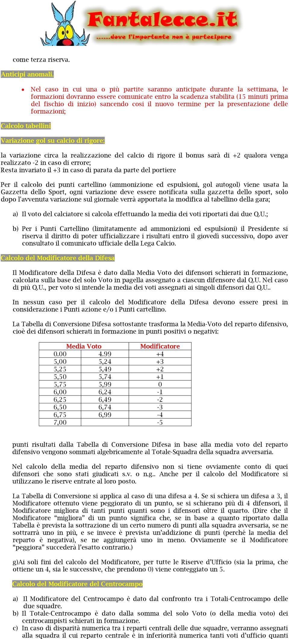 il nuovo termine per la presentazione delle formazioni; Calcolo tabellini Variazione gol su calcio di rigore; la variazione circa la realizzazione del calcio di rigore il bonus sarà di +2 qualora