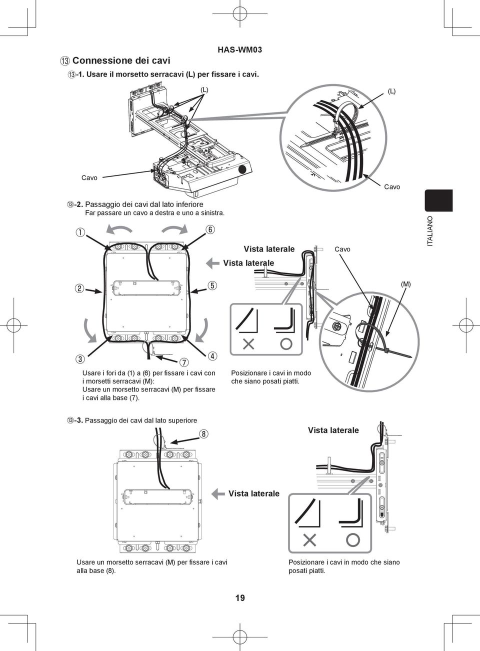 ⑥ ① Vista laterale Cavo Vista laterale ⑤ ② ③ ⑦ (M) ④ Usare i fori da () a (6) per fissare i cavi con i morsetti serracavi (M): Usare un morsetto serracavi