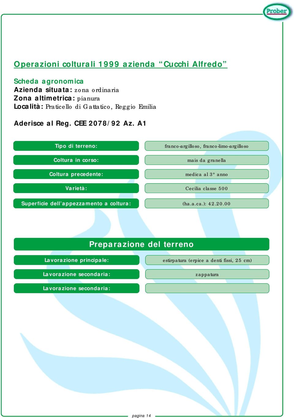 A1 Tipo di terreno: Coltura in corso: Coltura precedente: Varietà: franco-argilloso, franco-limo-argilloso mais da granella medica al 3 anno