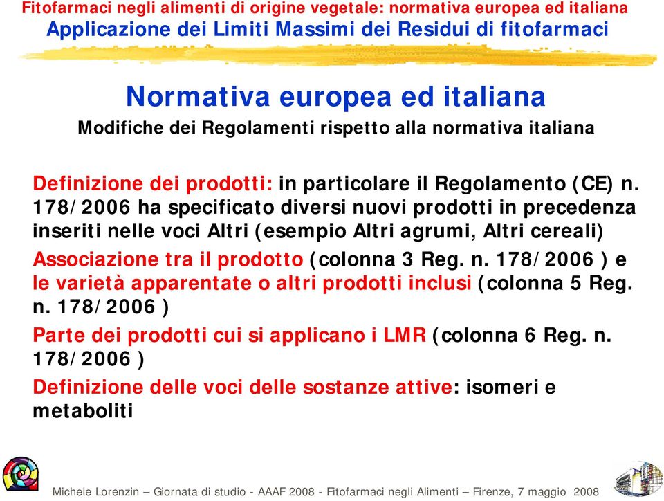 178/2006 ha specificato diversi nuovi prodotti in precedenza inseriti nelle voci Altri (esempio Altri agrumi, Altri cereali) Associazione