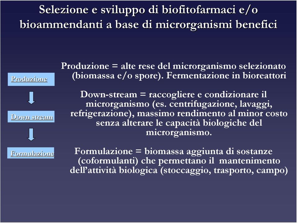 Fermentazione in bioreattori Down-stream = raccogliere e condizionare il microrganismo (es.