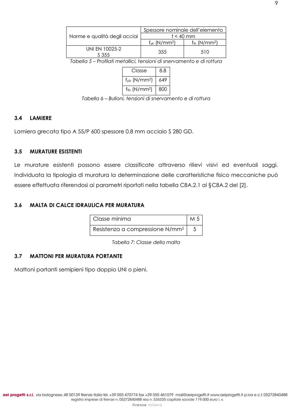 4 LAMIERE Lamiera grecata tipo A 55/P 600 spessore 0.8 mm acciaio S 280 GD. 3.5 MURATURE ESISTENTI Le murature esistenti possono essere classificate attraverso rilievi visivi ed eventuali saggi.