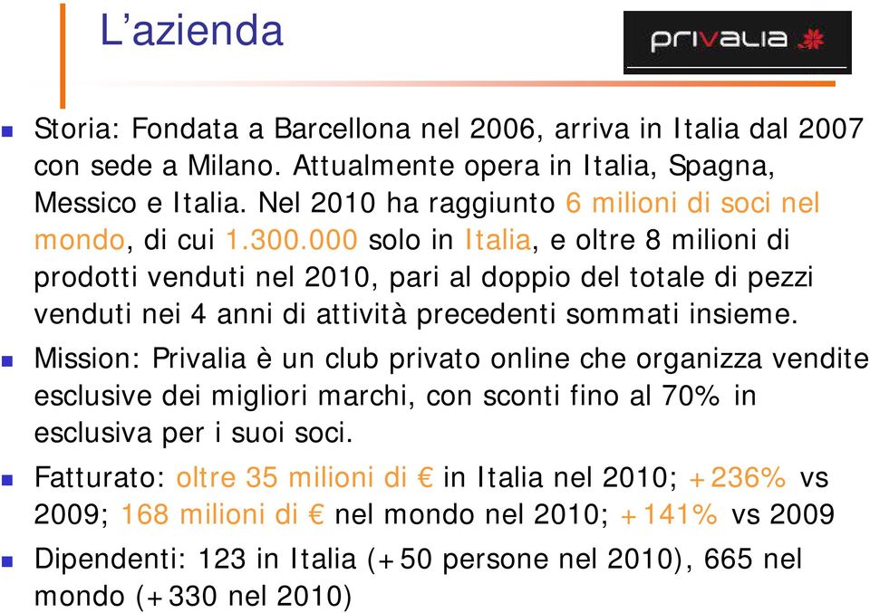 000 solo in Italia, e oltre 8 milioni di prodotti venduti nel 2010, pari al doppio del totale di pezzi venduti nei 4 anni di attività precedenti sommati insieme.