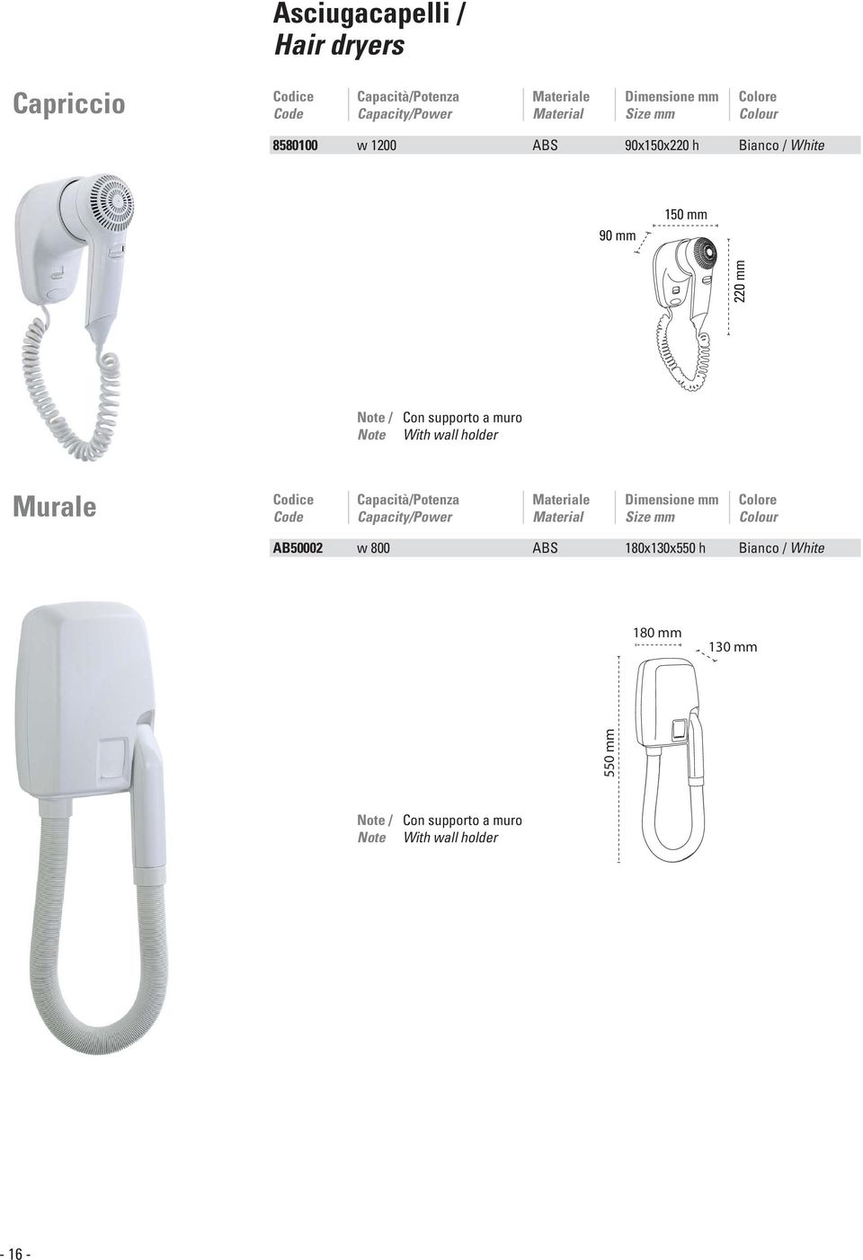 Note With wall holder Murale e AB50002 w 800 ABS 180x130x550 h Bianco /