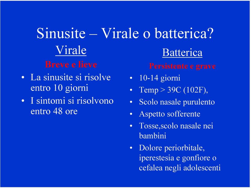 entro 48 ore Batterica Persistente e grave 10-14 giorni Temp > 39C (102F), Scolo