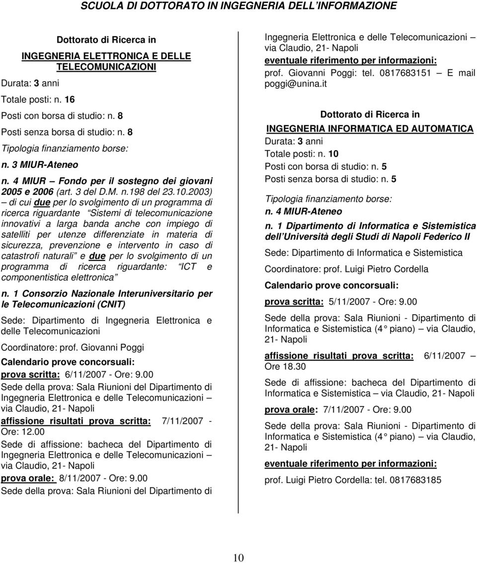 2003) di cui due per lo svolgimento di un programma di ricerca riguardante Sistemi di telecomunicazione innovativi a larga banda anche con impiego di satelliti per utenze differenziate in materia di