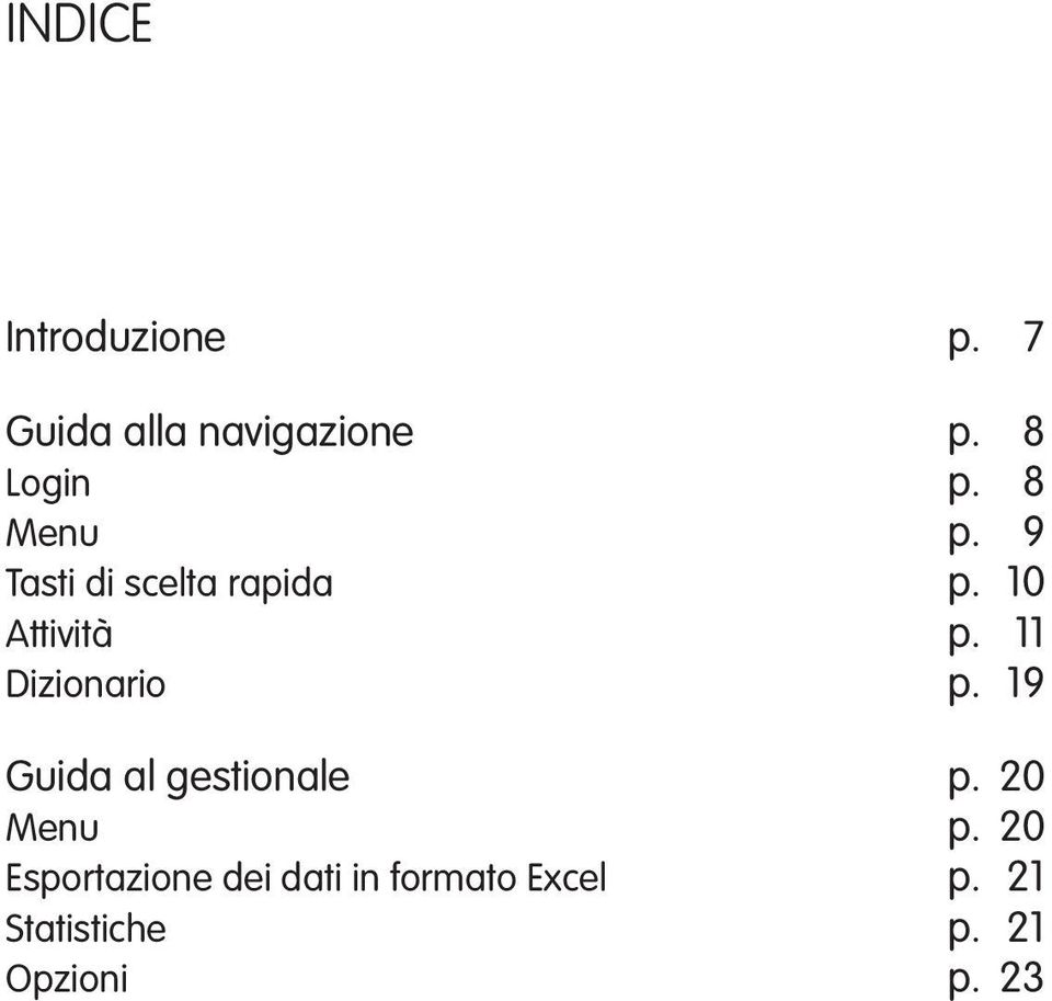 11 Dizionario p. 19 Guida al gestionale p. 20 Menu p.